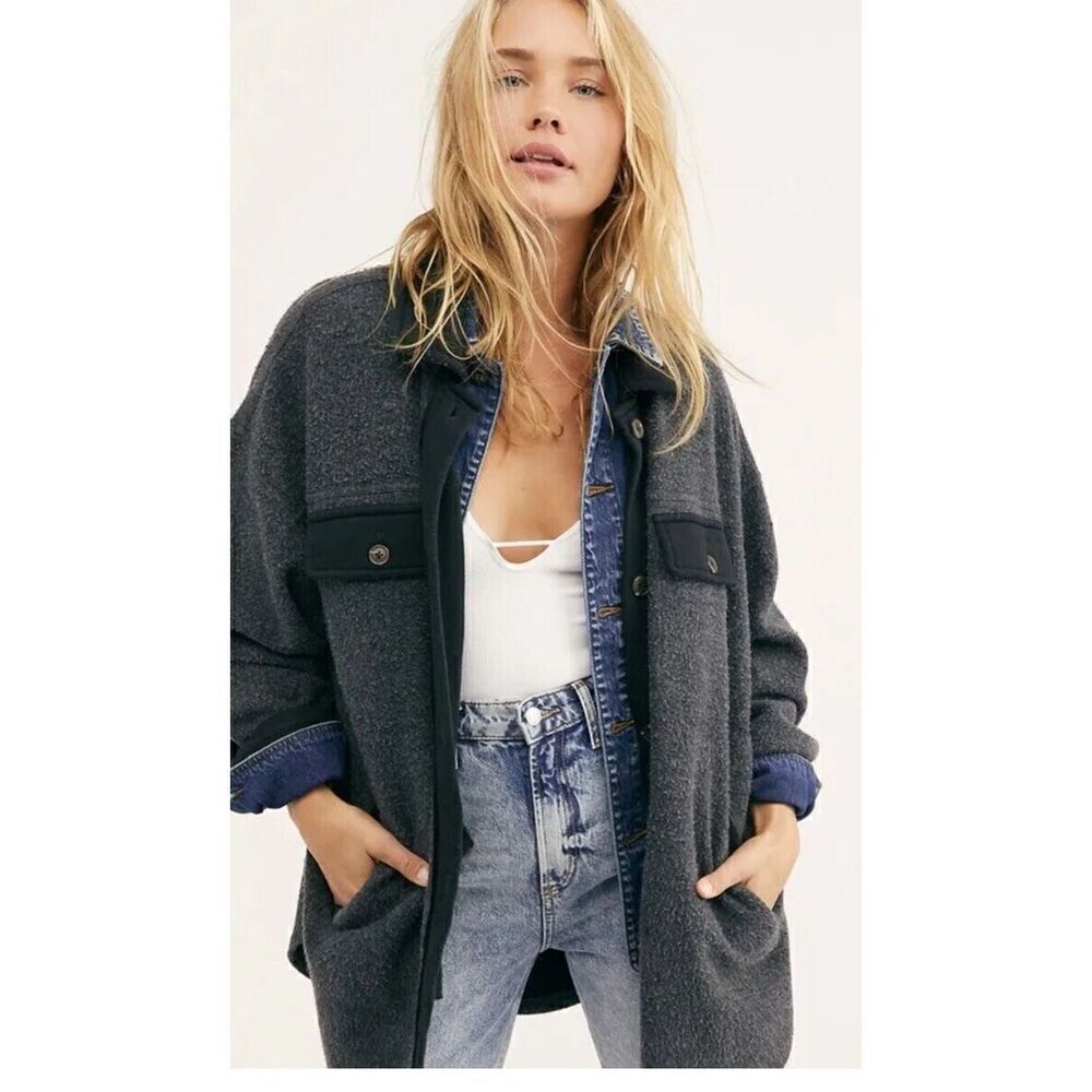 Free People Ruby Jacket Black Washed Black Distressed Oversized Shirt Jacket S